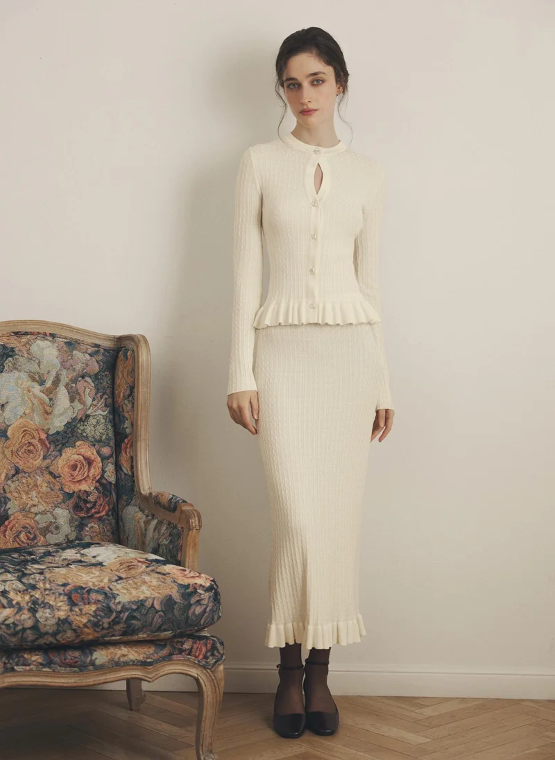 Lichi  Straight textured-knit midi skirt with ruffles for Women | Best Price UAE